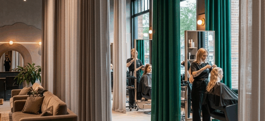 Зонирование пространства в парикмахерской с помощью текстиля Зонирование пространства в парикмахерской с помощью текстиля